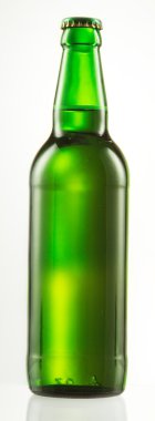 Beyaz arka planda izole edilmiş bir şişe bira.