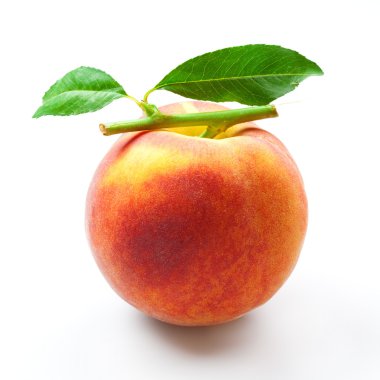 Peach isolated. fruit with green leaves on white clipart