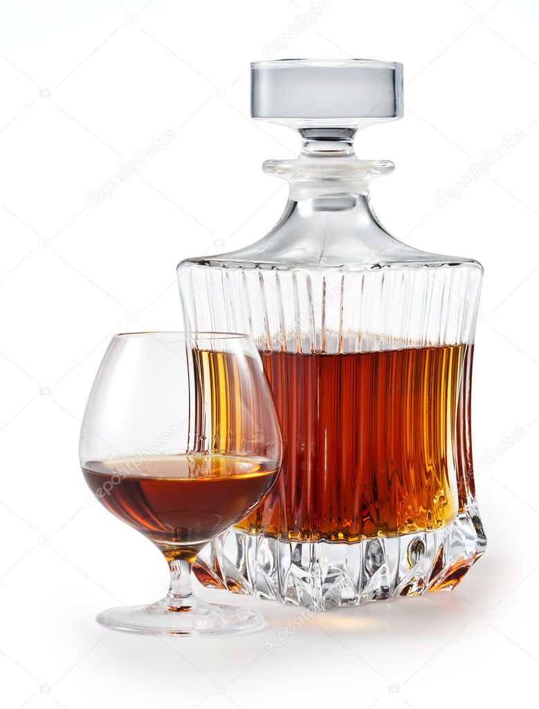 Cognac. Brandy Glass and bottle on white. clipping path