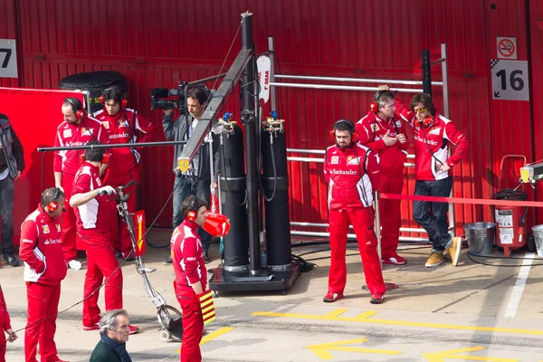 Fernando Alonso (Esp) talar till Ferrari mekaniker — Stockfoto