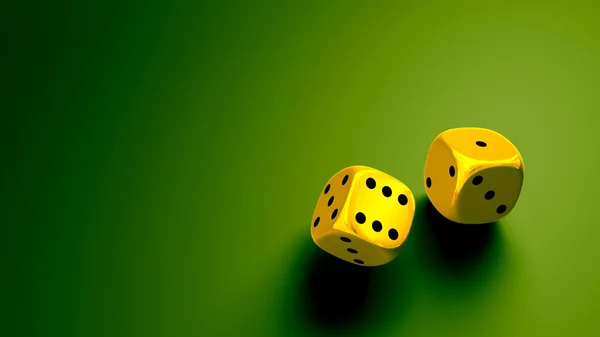 Gold dice at green background wide — Stock Photo, Image