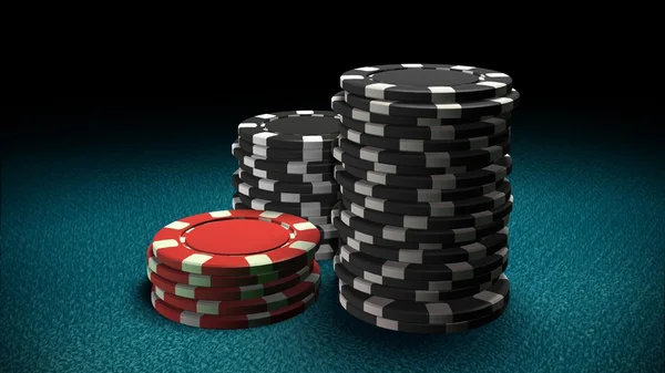 Casino chips kırmızı ve siyah mavi masa — Stok fotoğraf