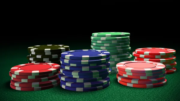 6 Casino color chips green table — Stock Photo, Image