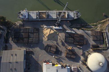 Aerial view of ship docked in port clipart