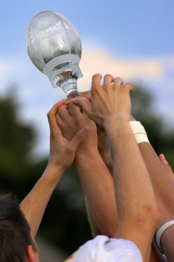 Hands reaching for a trophy clipart