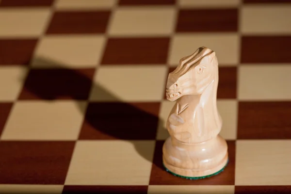 La pieza de ajedrez - el caballero blanco en el tablero de ajedrez . —  Fotos de Stock