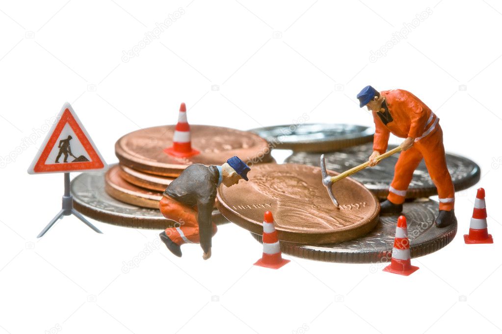 Miniature figures working on a heap of Dollar coins.