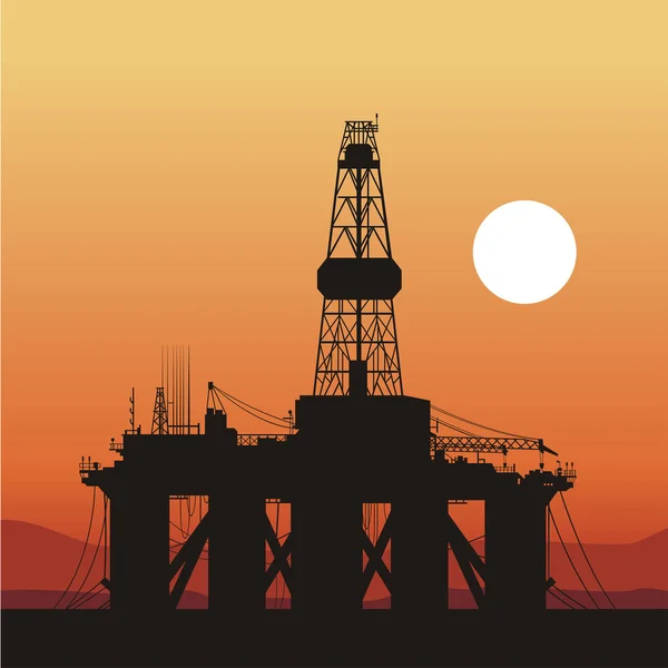 Plataformas de petróleo, navio e pôr do sol no oceano — Vetor de Stock
