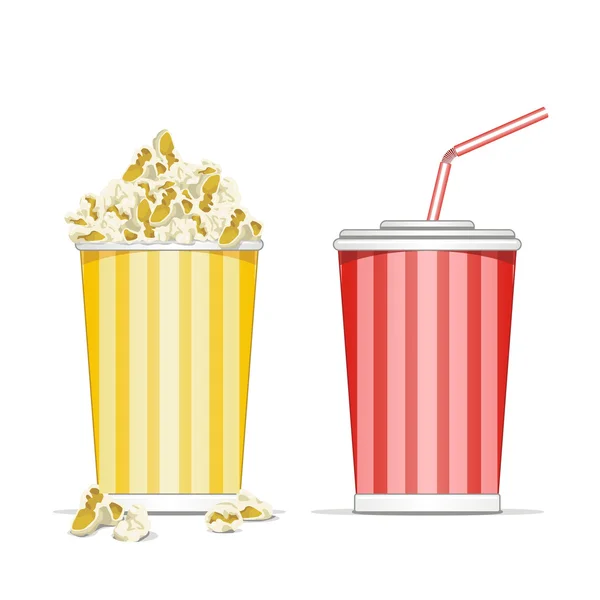 Full glass with drink and popcorn vector illustration isolated on white bac — Stock Vector
