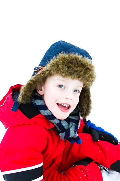 Little boy playing in the woods on a cold winter day — Stock Photo, Image