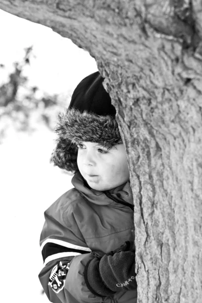 Menino brincando na floresta em um dia frio de inverno — Fotografia de Stock