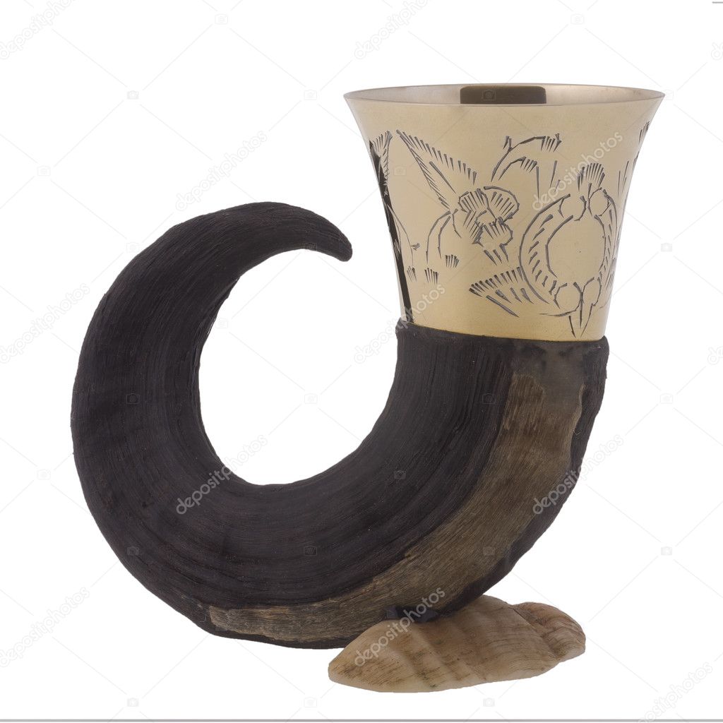 Drinking horn with brass accents