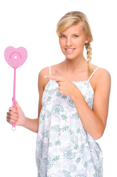 Woman with fly swatter — Stock Photo, Image