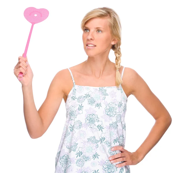 Woman with fly swatter — Stock Photo, Image