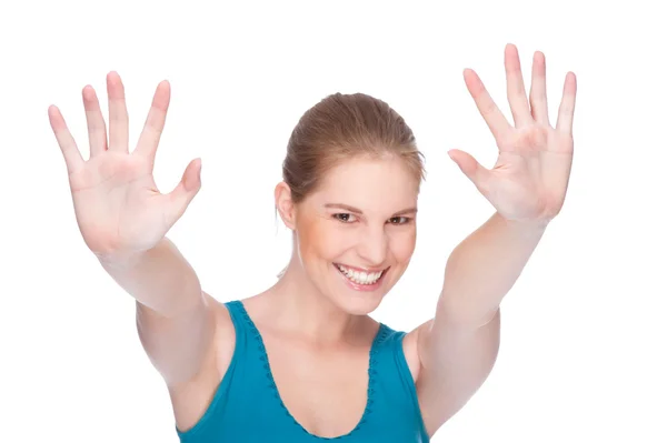 Gelukkige vrouw gebaren — Stockfoto
