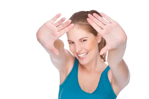 Счастливая женщина жестом — стоковое фото
