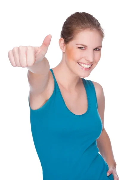 Lycklig kvinna visar tummen upp — Stockfoto