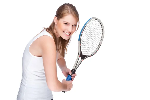 Žena s tenisovou raketou — Stock fotografie