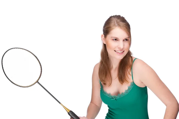 Mujer con raqueta de bádminton — Foto de Stock