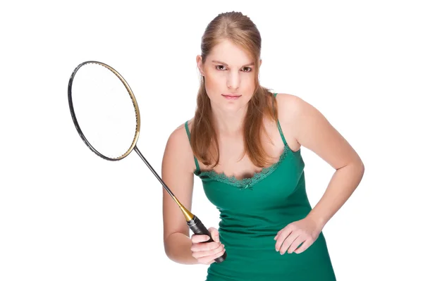 Mujer con raqueta de bádminton — Foto de Stock
