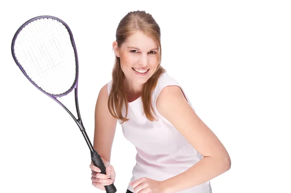 Vrouw met squash racket — Stockfoto