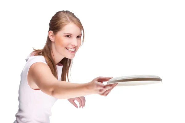 Donna con frisbee — Foto Stock