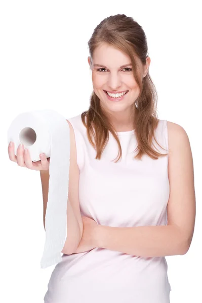 Žena s toaletním papírem — Stock fotografie