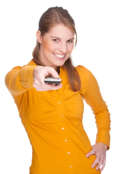 Woman with remote — Stock Photo, Image