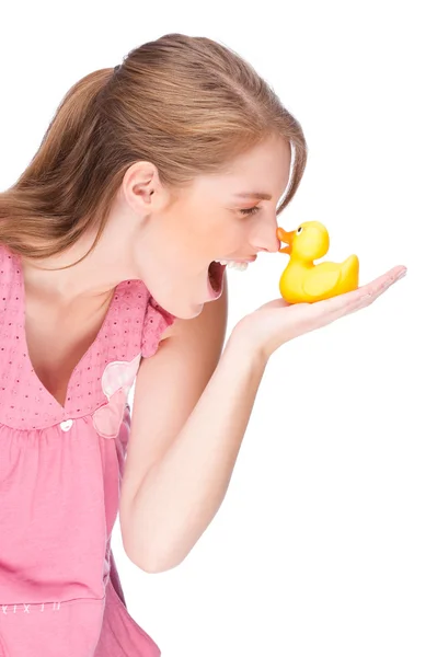 Žena s gumovou kachnu — Stock fotografie