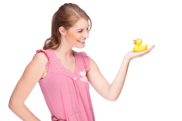 Žena s gumovou kachnu — Stock fotografie