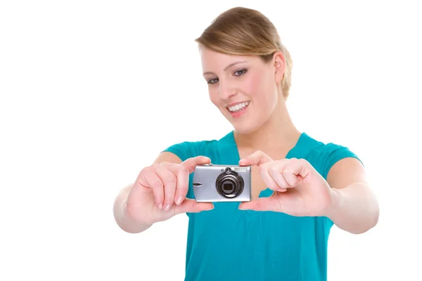 Γυναίκα με ψηφιακή φωτογραφική μηχανή — Φωτογραφία Αρχείου
