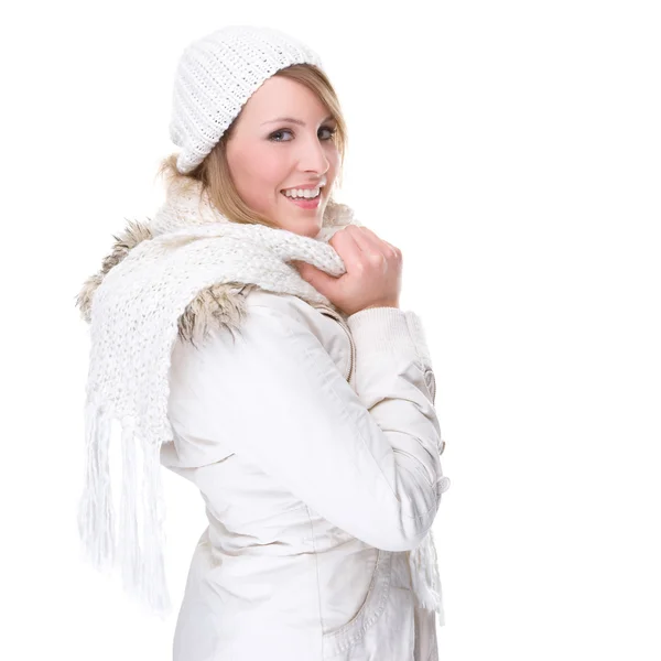 Frau in weißer Winterkleidung — Stockfoto