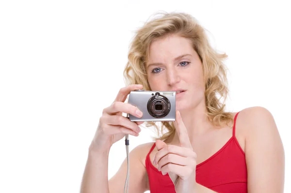 Γυναίκα με ψηφιακή φωτογραφική μηχανή — Φωτογραφία Αρχείου
