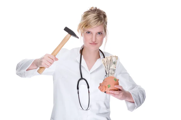Läkare med piggybank (dollar) — Stockfoto