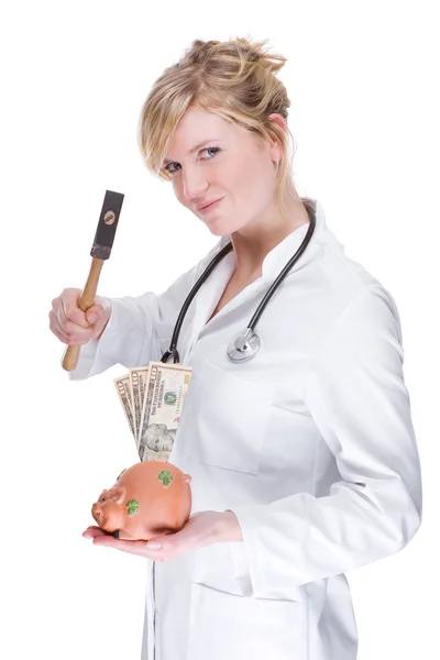 Arzt mit Sparschwein (Dollar) — Stockfoto