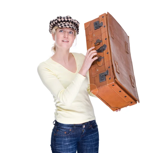 Woman with old suitcase — Stock Photo, Image