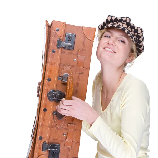 Kvinna med gammal resväska — Stockfoto