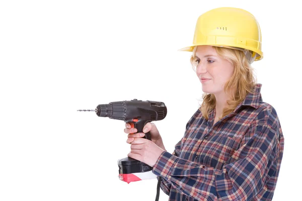 Craftswoman with drill machine — Stock Photo, Image
