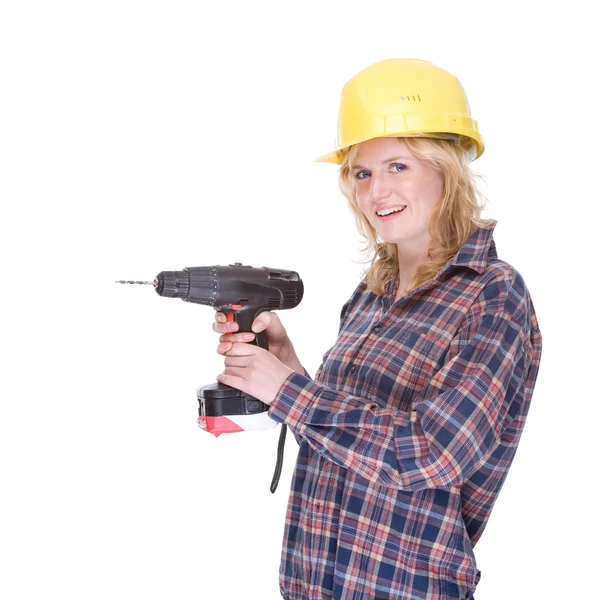 Craftswoman with drill machine — Stock Photo, Image
