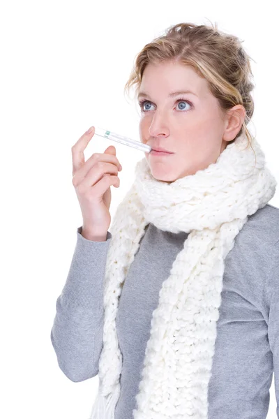 Woman with clinical thermometer — Stock Photo, Image