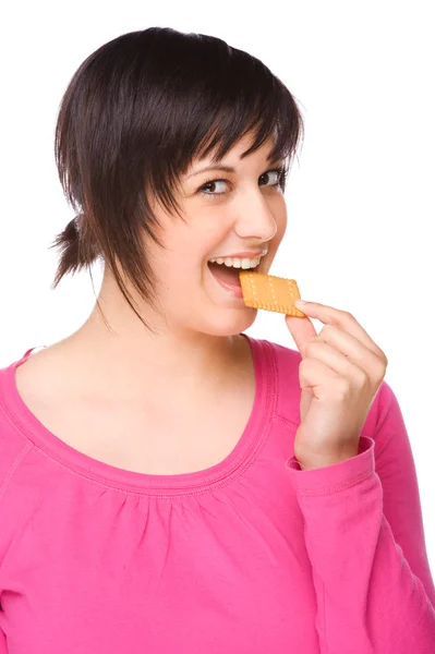 Woman with cracker — Stock Photo, Image