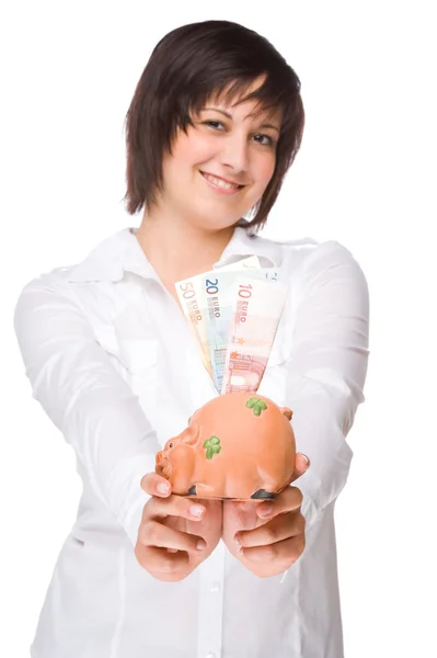 Woman with piggybank — Stock Photo, Image