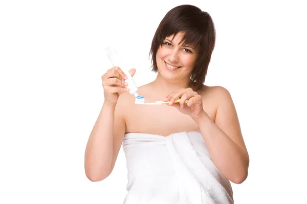 Frau mit Zahnbürste — Stockfoto