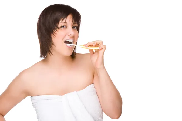Mujer con cepillo de dientes —  Fotos de Stock