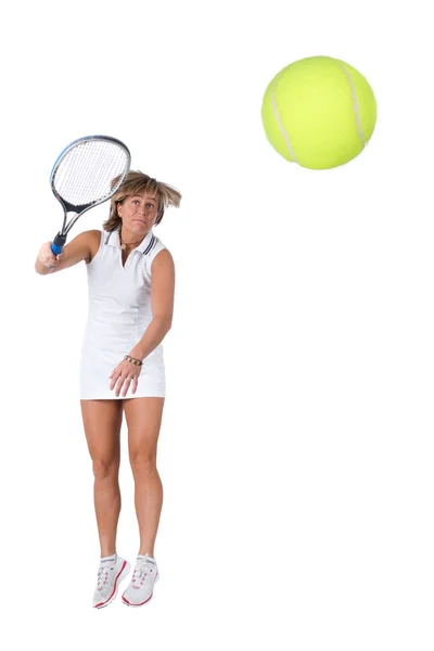 Imagen aislada completa de una mujer caucásica jugando squash — Foto de Stock