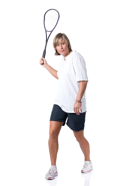 Quadro completamente isolato di una donna caucasica che gioca a squash — Foto Stock