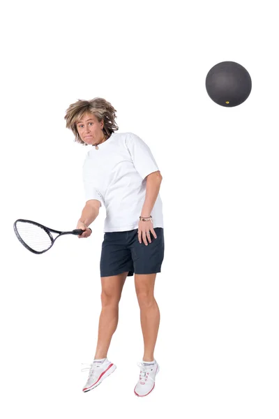 Imagem isolada completa de uma mulher caucasiana jogando squash — Fotografia de Stock