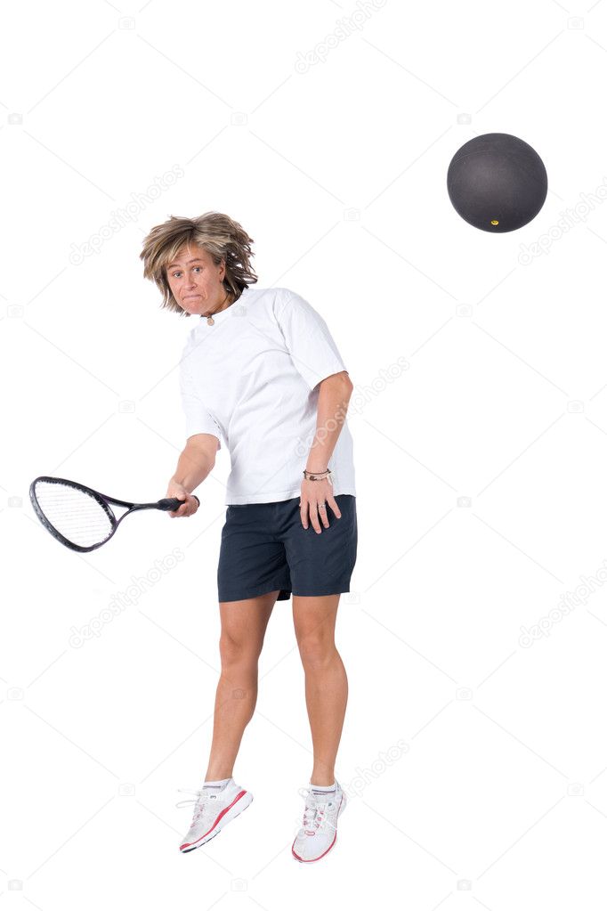 Full isolated picture of a caucasian woman playing squash
