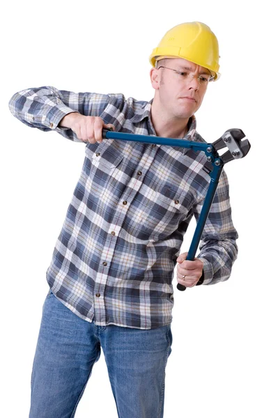 Trabalhador da construção com cortador de parafuso — Fotografia de Stock