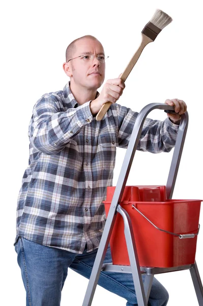 Handwerker auf einer Leiter mit einem Pinsel — Stockfoto